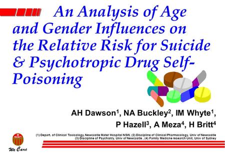 An Analysis of Age and Gender Influences on the Relative Risk for Suicide & Psychotropic Drug Self- Poisoning AH Dawson 1, NA Buckley 2, IM Whyte 1, P.