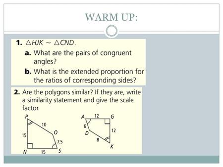 WARM UP:. I CAN USE THE AA ~ POSTULATE AND THE SAS ~ AND SS ~ THEOREMS. TO USE SIMILARITY TO FIND INDIRECT MEASUREMENTS. 7.3 - Proving Triangles Similar.