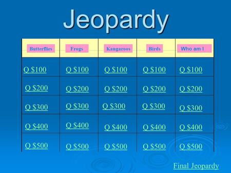 Jeopardy Butterflies FrogsKangaroosBirds Who am I Q $100 Q $200 Q $300 Q $400 Q $500 Q $100 Q $200 Q $300 Q $400 Q $500 Final Jeopardy.