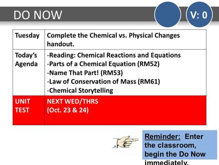 DO NOW V: 0 TuesdayComplete the Chemical vs. Physical Changes handout. Today’s Agenda -Reading: Chemical Reactions and Equations -Parts of a Chemical Equation.