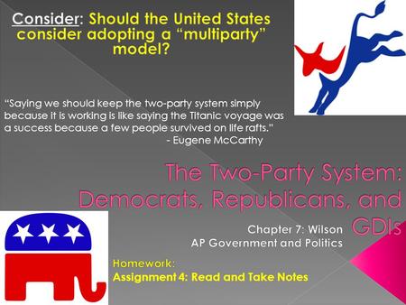 “Saying we should keep the two-party system simply because it is working is like saying the Titanic voyage was a success because a few people survived.