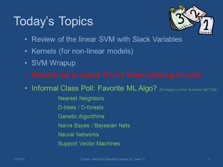 Today’s Topics 11/17/15CS 540 - Fall 2015 (Shavlik©), Lecture 23, Week 111 Review of the linear SVM with Slack Variables Kernels (for non-linear models)