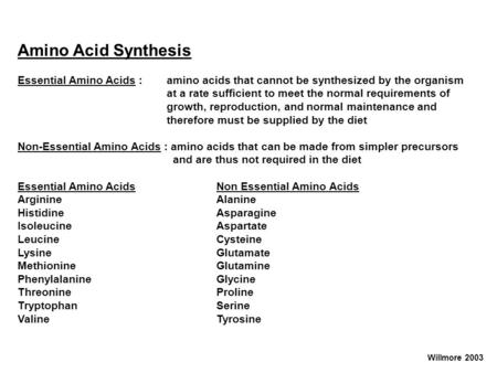 Amino Acid Synthesis Essential Amino Acids : 	amino acids that cannot be synthesized by the organism at a rate sufficient to meet the normal requirements.