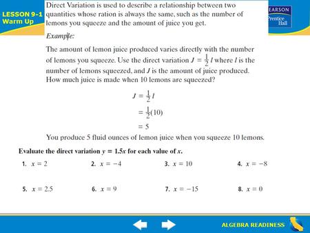 ALGEBRA READINESS LESSON 9-1 Warm Up Lesson 9-1 Warm-Up.