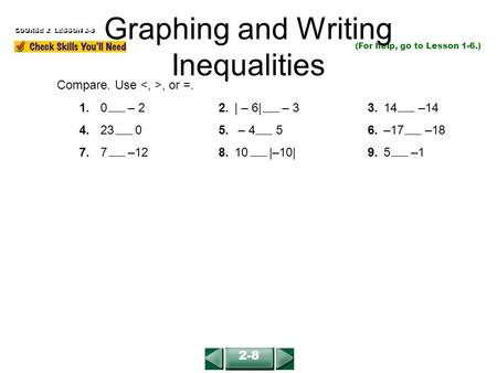 2-8 COURSE 2 LESSON 2-8 (For help, go to Lesson 1-6.) Compare. Use, or =. 1.0 – 22.| – 6| – 33.14 –14 4.23 05. – 4 56.–17 –18 7.7 –128.10 |–10|9.5 –1 Graphing.