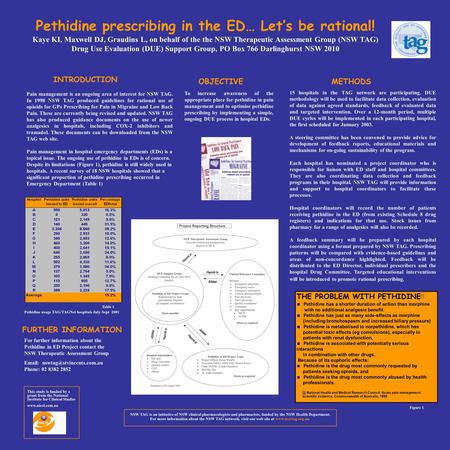 Pethidine prescribing in the ED… Let’s be rational! Kaye KI, Maxwell DJ, Graudins L, on behalf of the the NSW Therapeutic Assessment Group (NSW TAG) Drug.