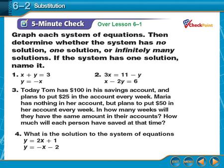 Over Lesson 6–1. Splash Screen Solving Systems By Substitution Lesson 6-2.