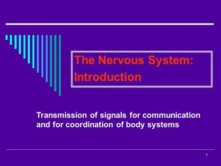 1 The Nervous System: Introduction Transmission of signals for communication and for coordination of body systems.