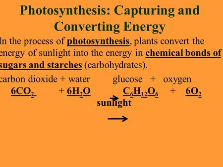 Photosynthesis: Capturing and Converting Energy In the process of photosynthesis, plants convert the energy of sunlight into the energy in chemical bonds.