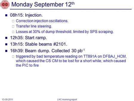 08h15: Injection.  Correction injection oscillations.  Transfer line steering.  Losses at 30% of dump threshold, limited by SPS scraping. 12h35: Start.