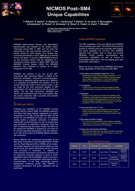 Introduction NICMOS (Near-Infrared Camera and Multi-Object Spectroscopy) was installed on the Hubble Space Telescope during SM2 in 1997 and has been the.