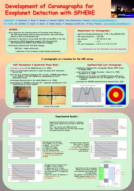 Development of Coronagraphs for Exoplanet Detection with SPHERE - direct detection and characterization of Extrasolar Giant Planets in the NIR among nearby.