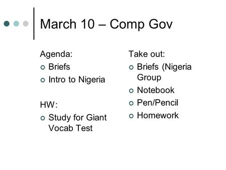 March 10 – Comp Gov Agenda: Briefs Intro to Nigeria HW: Study for Giant Vocab Test Take out: Briefs (Nigeria Group Notebook Pen/Pencil Homework.