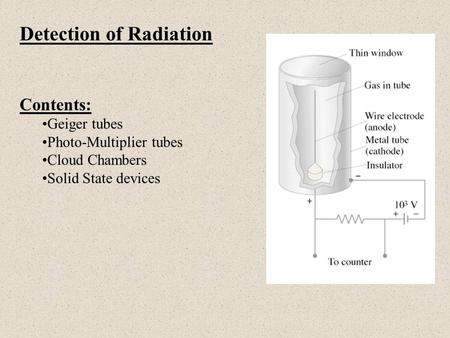 Detection of Radiation Contents: Geiger tubes Photo-Multiplier tubes Cloud Chambers Solid State devices.