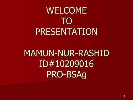 1 WELCOME TO PRESENTATION MAMUN-NUR-RASHID ID#10209016 PRO-BSAg.