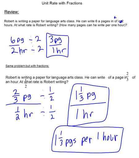 Unit Rate with Fractions Robert is writing a paper for language arts class. He can write 6 a pages in of in 2 hours. At what rate is Robert writing? (How.