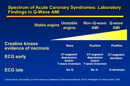 Spectrum of Acute Coronary Syndromes: Laboratory Findings in Q-Wave AMI Creatine kinase evidence of necrosis NonePositive ECG early ST-segment depression.