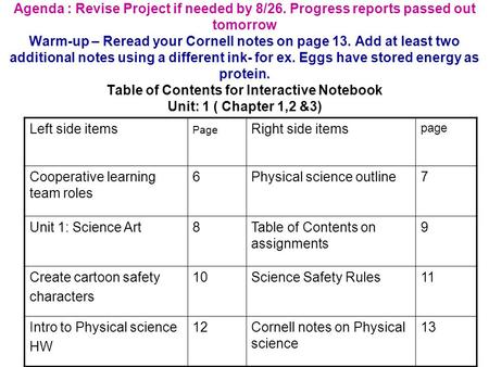 Agenda : Revise Project if needed by 8/26. Progress reports passed out tomorrow Warm-up – Reread your Cornell notes on page 13. Add at least two additional.