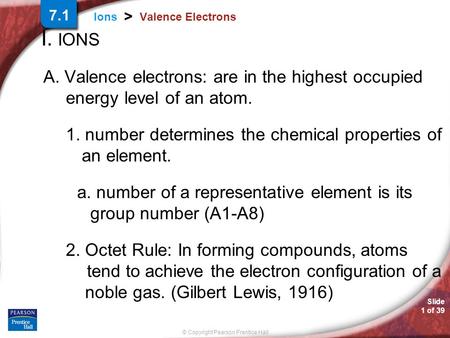 Slide 1 of 39 © Copyright Pearson Prentice Hall Ions > Valence Electrons I. IONS A. Valence electrons: are in the highest occupied energy level of an atom.