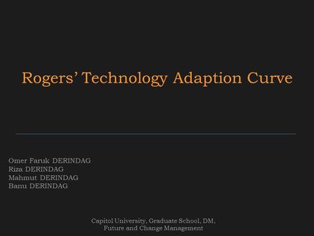 Rogers’ Technology Adaption Curve Capitol University, Graduate School, DM, Future and Change Management Omer Faruk DERINDAG Riza DERINDAG Mahmut DERINDAG.