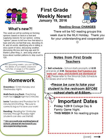 First Grade Weekly News! What’s new?! This week we will be working on forming opinions based on facts in a text and supplying reasons for our opinion,