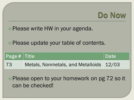  Please write HW in your agenda.  Please update your table of contents.  Please open to your homework on pg 72 so it can be checked! Page #TitleDate.