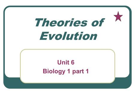 Theories of Evolution Unit 6 Biology 1 part 1. Your Name The Theory of Evolution by natural selection was developed by____ Charles Darwin.