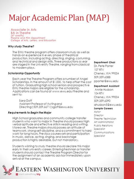 Major Academic Plan (MAP) Why study Theatre? The EWU theatre program offers classroom study as well as hands-on experience in every phase of theatrical.