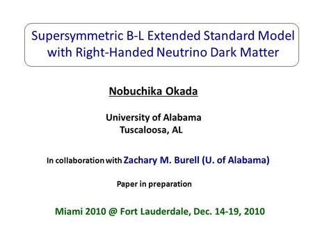 Supersymmetric B-L Extended Standard Model with Right-Handed Neutrino Dark Matter Nobuchika Okada Miami Fort Lauderdale, Dec. 14-19, 2010 University.