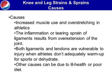 Knee and Leg Strains & Sprains Causes. Causes Increased muscle use and overstretching in athletics The inflammation or tearing sprain of ligaments results.