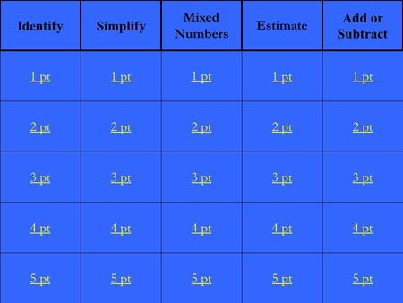 2 pt 3 pt 4 pt 5 pt 1 pt 2 pt 3 pt 4 pt 5 pt 1 pt 2 pt 3 pt 4 pt 5 pt 1 pt 2 pt 3 pt 4 pt 5 pt 1 pt 2 pt 3 pt 4 pt 5 pt 1 pt IdentifySimplify Mixed Numbers.