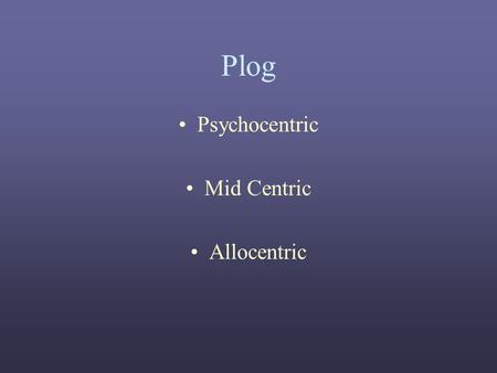 Plog Psychocentric Mid Centric Allocentric Psychocentric Mid Centric Allocentric Charter\Mass Incipient Mass\unusual\Offbeat\Elite\Experiential Organized.