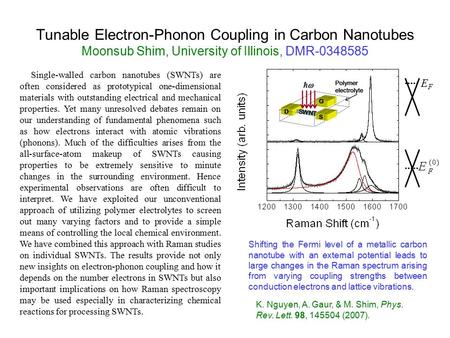 Tunable Electron-Phonon Coupling in Carbon Nanotubes Moonsub Shim, University of Illinois, DMR-0348585 EFEF K. Nguyen, A. Gaur, & M. Shim, Phys. Rev. Lett.