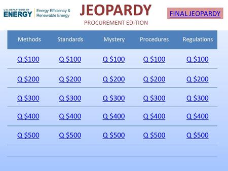 JEOPARDY PROCUREMENT EDITION Methods StandardsMystery ProceduresRegulations Q $100 Q $200 Q $300 Q $400 Q $500 Q $100 Q $200 Q $300 Q $400 Q $500 FINAL.