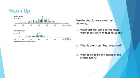 Warm Up Use the dot plot to answer the following. 1.Which dot plot has a larger range? What is the range of that dot plot ? 2.What is the largest bear.