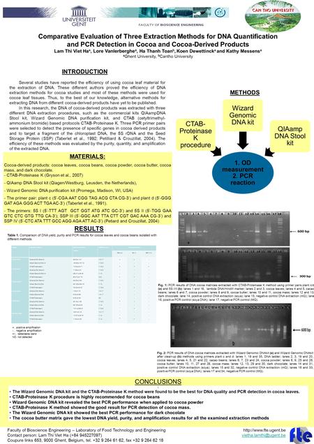 Comparative Evaluation of Three Extraction Methods for DNA Quantification and PCR Detection in Cocoa and Cocoa-Derived Products Lam Thi Viet Ha a, Lore.