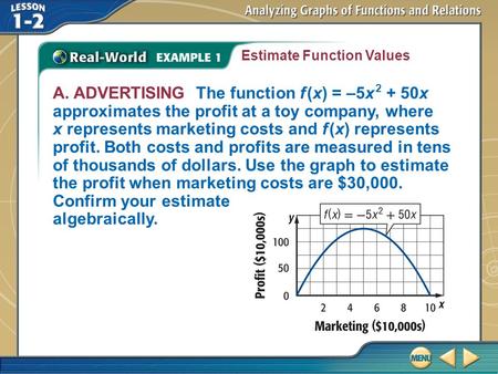 Example 1 Estimate Function Values A. ADVERTISING The function f (x) = –5x 2 + 50x approximates the profit at a toy company, where x represents marketing.