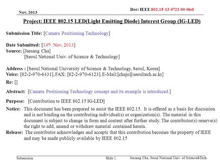 SubmissionSlide 1 Project: IEEE 802.15 LED(Light Emitting Diode) Interest Group (IG-LED) Submission Title: [Camera Positioning Technology] Date Submitted: