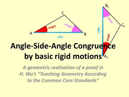 Angle A B C side angle A0A0 C0C0 B0B0 side angle Angle-Side-Angle Congruence by basic rigid motions A geometric realization of a proof in H. Wu’s “Teaching.