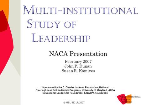 M ulti-Institutional S tudy of L eadership NACA Presentation February 2007 John P. Dugan Susan R. Komives Sponsored by the C. Charles Jackson Foundation,