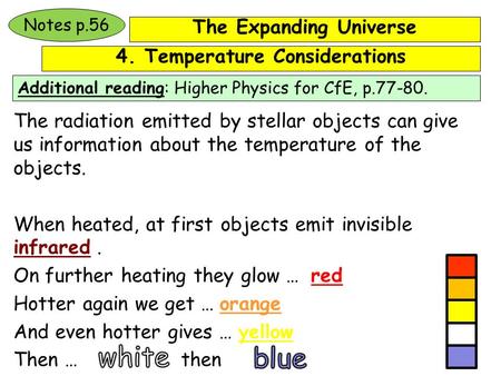 The Expanding Universe Additional reading: Higher Physics for CfE, p.77-80. Notes p.56 The radiation emitted by stellar objects can give us information.