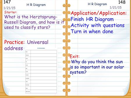 Starter: What is the Herztsprung- Russell Diagram, and how is it used to classify stars? 2/22-25/2013 147 148 2/22-25/2013 Exit: Why do you think the sun.