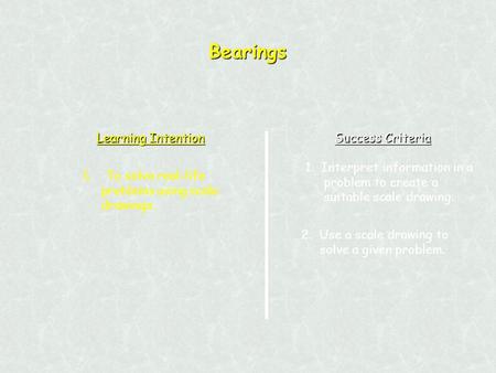 Learning Intention Success Criteria 1. To solve real-life problems using scale drawings. 1. Interpret information in a problem to create a suitable scale.