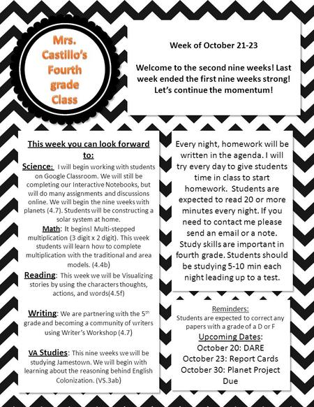 Week of October 21-23 Welcome to the second nine weeks! Last week ended the first nine weeks strong! Let’s continue the momentum! Week of October 21-23.