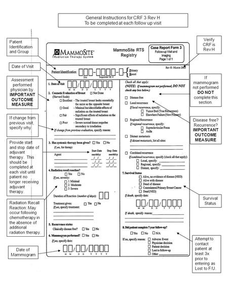 General Instructions for CRF 3 Rev H To be completed at each follow up visit Patient Identification and Group Date of Visit Assessment performed physician.