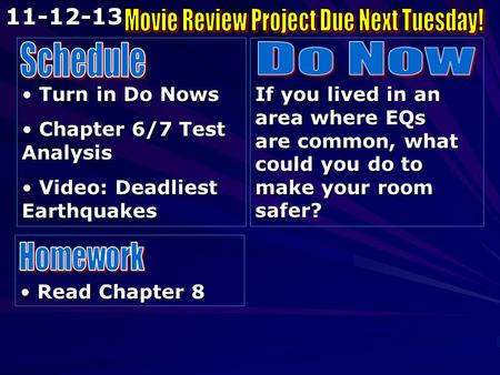 Turn in Do Nows Turn in Do Nows Chapter 6/7 Test Analysis Chapter 6/7 Test Analysis Video: Deadliest Earthquakes Video: Deadliest Earthquakes If you lived.