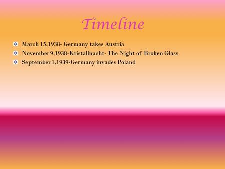 Timeline March 15,1938- Germany takes Austria November 9,1938-Kristallnacht- The Night of Broken Glass September 1,1939-Germany invades Poland.