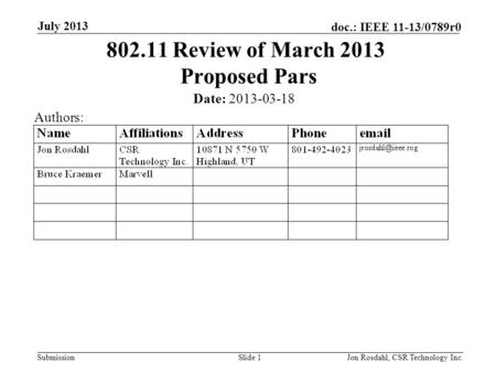 Submission doc.: IEEE 11-13/0789r0 July 2013 Jon Rosdahl, CSR Technology Inc.Slide 1 802.11 Review of March 2013 Proposed Pars Date: 2013-03-18 Authors: