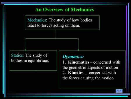 An Overview of Mechanics Statics: The study of bodies in equilibrium. Dynamics: 1. Kinematics – concerned with the geometric aspects of motion 2. Kinetics.