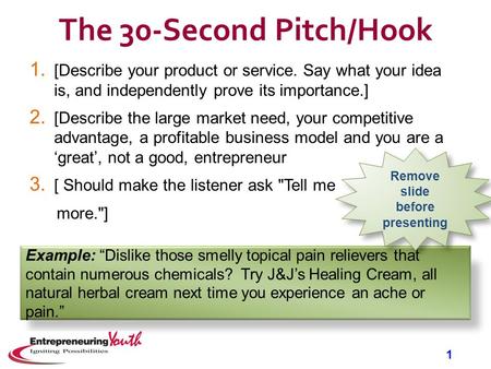 1 1. [Describe your product or service. Say what your idea is, and independently prove its importance.] 2. [Describe the large market need, your competitive.